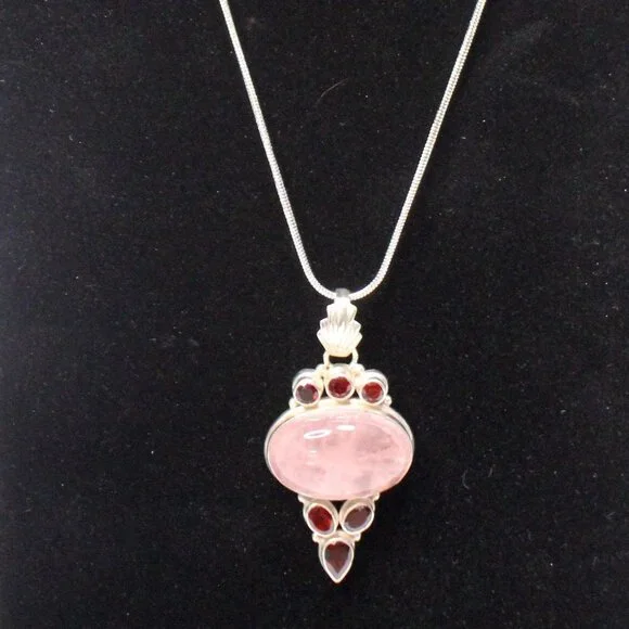 Sterling Silver Rose Quartz Gemstone and Red Glass Stone Necklace - Picture 1 of 13